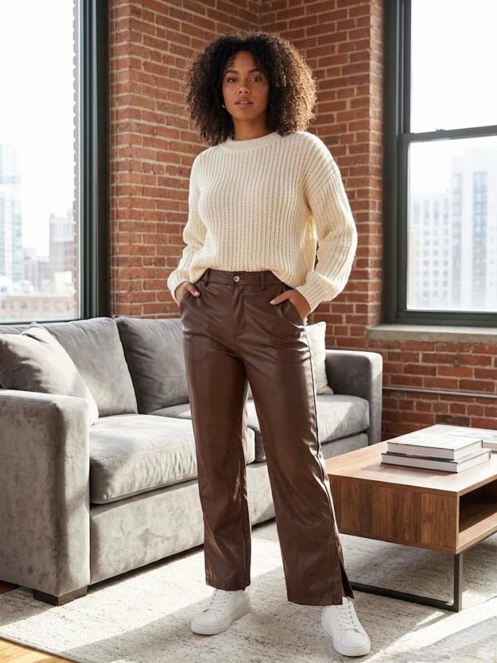 Chocolate Brown Faux-Leather Straight-Leg Pants